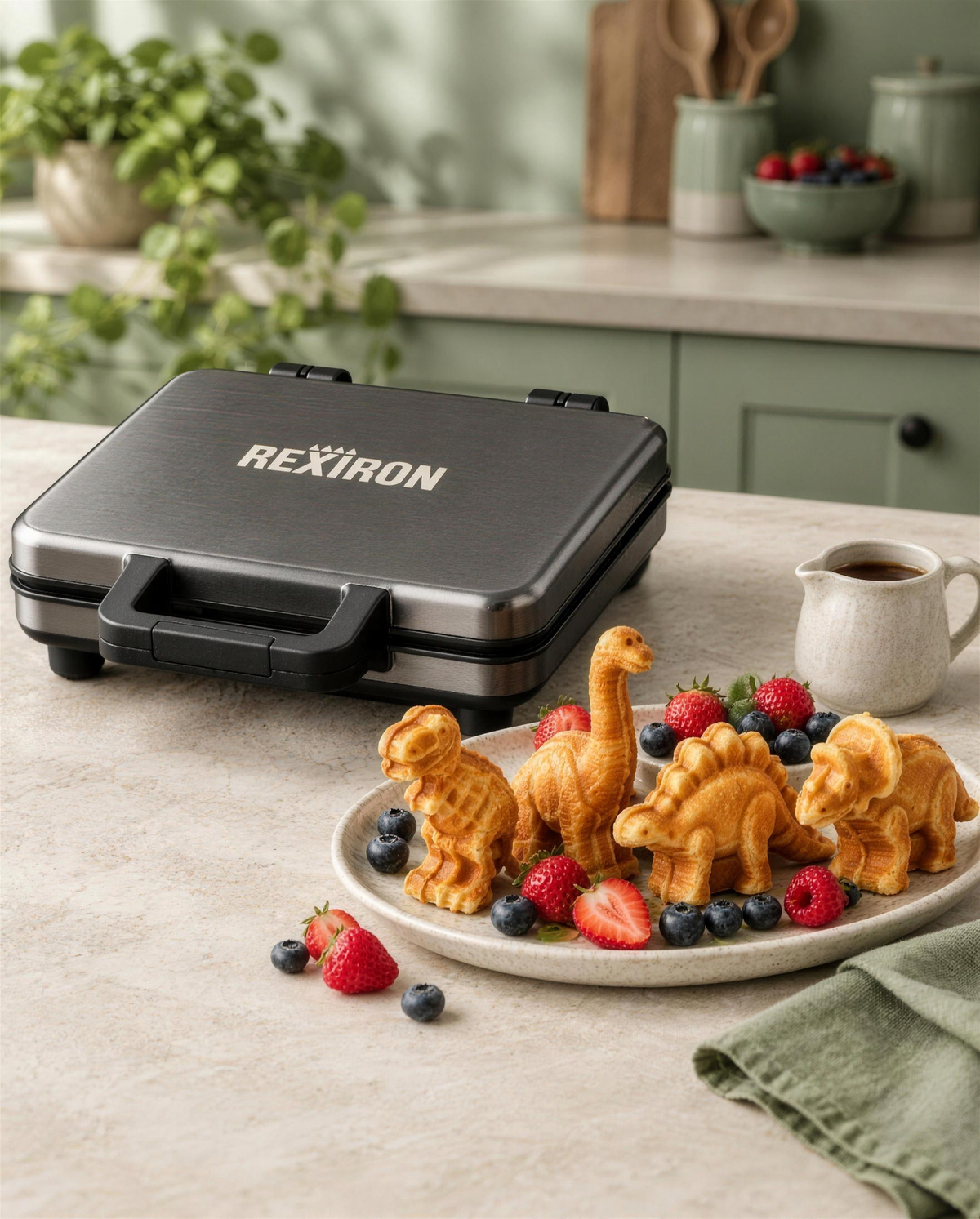 Four dinosaur waffles with fresh berries next to the RexIron waffle maker