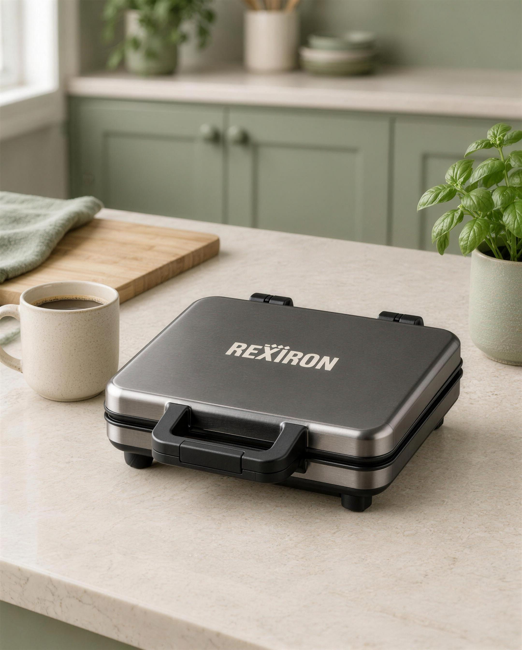 RexIron on a kitchen counter next to a coffee mug for size