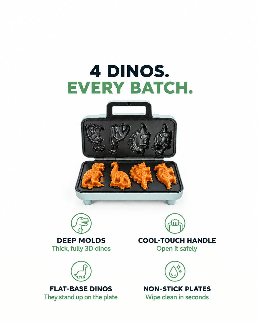 RexIron Dino Waffle Maker features: four dinosaurs every batch