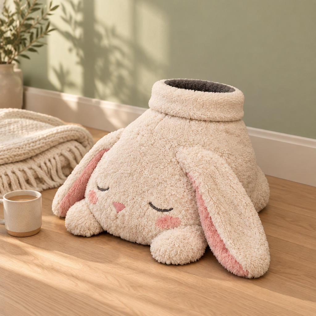 Bunny foot warmer styled against a sage green wall